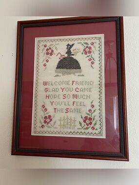 Vintage 1935 Cross Stitch Sampler Framed  Cottage Core Welcome Friend Folk Art